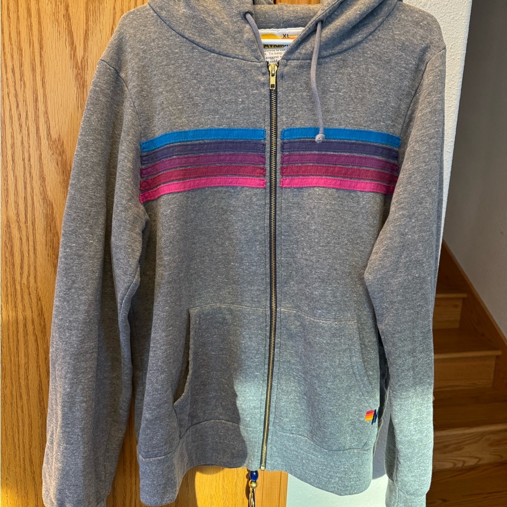 Aviator Nation Gray Hoodie with Pink and Blue Stripes